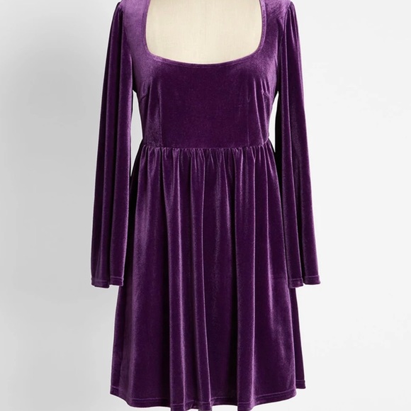 purple velvet babydoll dress Widow Velvet Mini Dress With Bell Sleeves And Cross Charm
